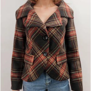 Vintage Plaid Blazer Wool Blend Fall Winter Outerwear Professional Woman Clothing Academia Style Coat Tailored Lapel Jacket Medium Size