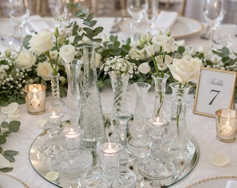 Vintage Crystal Bud Vase and Candle Holder Set 11 Piece Wedding Table Decor Mixed Cut Glass Centerpiece Collection