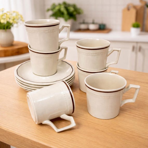 Vintage Teetassen-Set Englisch Handgefertigte Kensington Ironstone Staffordshire England Creme und Braun Steingut Tassen und Untertassen