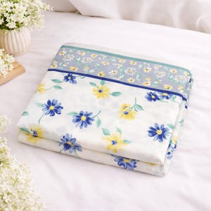 Vintage Floral Sheet Queen/ Full Flat Sheet  Blue and Yellow Flowers on White, Cotton Polyester,  Retro Cottage Core Fabric