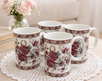 Crown Ceramics Fine Bone China Mugs  Vintage Burgundy Rose Floral Ornate Gold Trim Elegant Tea Coffee Cups Set of 4