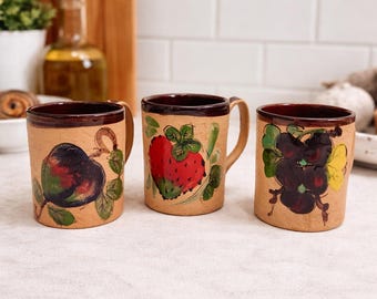 Set of 3 Vintage Italian Fruit Mugs, Hand Painted Terracotta Coffee Cups, Strawberry Grape Plum, Rustic Farmhouse Kitchen Decor