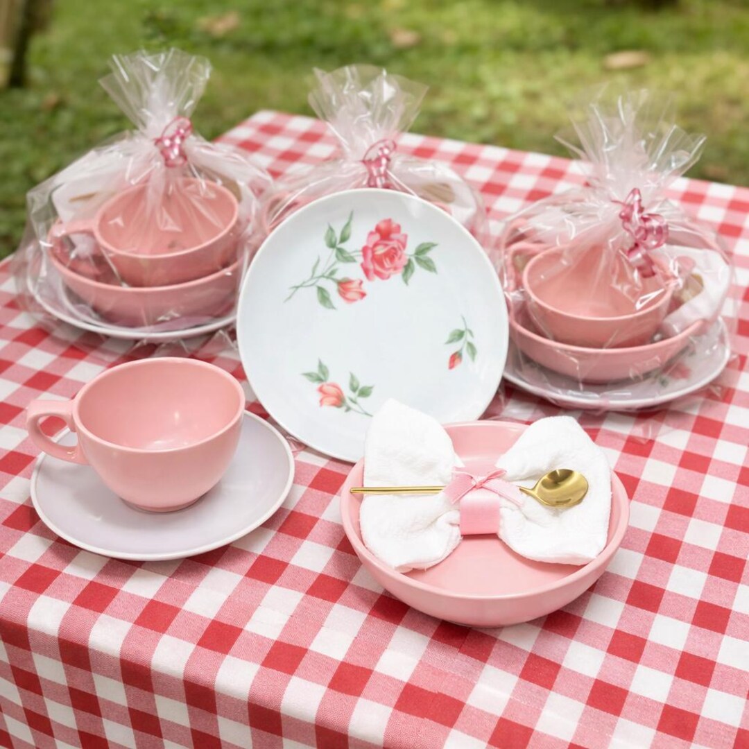 Vintage Stetson Melmac Pink Snack Set of 4 Mid Century Melamine
