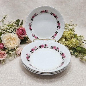 Juego de 4 cuencos Ridgway “Romance” White Mist, estilo vintage inglés, estampado de rosas rosas, 18 cm (7 pulgadas), ideales para sopa, cereales o pasta, con borde dorado y desconchado.