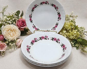 Ridgway “Romance” White Mist Bowls Set of 4  Vintage English Staffordshire Pink Rose Pattern 7” Soup/Cereal/Pasta Bowls Gold Trim Chipped