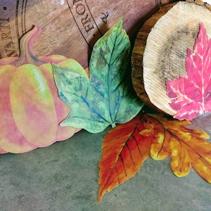 May include: A selection of autumn-themed paper cutouts, featuring a pumpkin, leaves, and a wood slice. The pumpkin is yellow and pink, and the leaves are green, red, and orange. The wood slice has a natural wood grain.