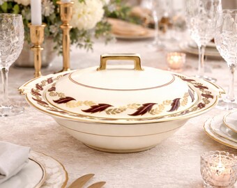 Pareek by Johnson Bros England Vegetable Bowl With Lid, Burgundy and White with Gold edging Covered Serving Bowl Johnson Brothers