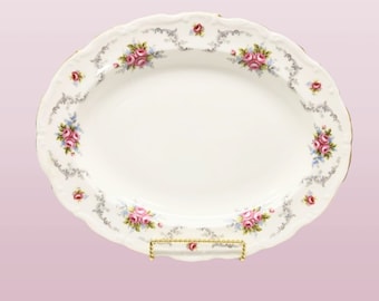 Grand plateau Tranquility, 13,5 x 10,5 po. Royal Albert Bone China Angleterre, roses roses gris tourbillons, grand plateau de viande, cadeau pour les mariées