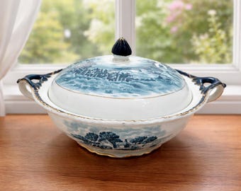 Vintage Wood & Sons “The Grenville” Covered Vegetable Dish Teal Blue Transferware Tureen Made in England 11.5” Serving Dish, 2 Available