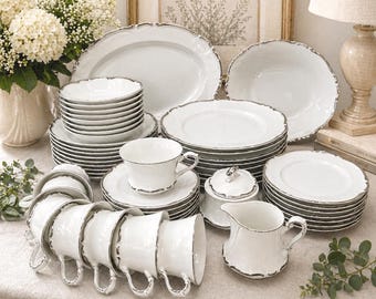 Vintage Harmony House Sterling Fine China Set for 8 Hand Painted Japan White with Silver Trim Dinnerware Complete Set Plates Bowls Cups