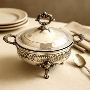 Cazuela de plata vintage para buffet de bodas, recipiente de vidrio Pyrex con tapa redonda, cuenco para verduras con diseño ornamentado y elegante.