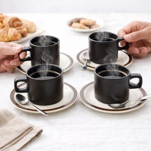 Midcentury Teacup Set Brown Cups Saucers Vintage Pottery Doverstone Heather Collection Space Age Modern Design Flat Top Ceramic Mugs Kitchen