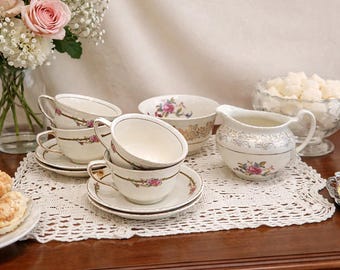 Vintage Johnson Bros Old English Tea Set  Pink Roses Gold Trim – Set of 4 Cups & Saucers and Cream and Sugar Antique Beige and Pink Rose