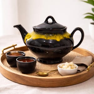 Vintage Ceramic Teapot Brown Drip Glaze Pottery Yellow Design Farmhouse Style Kitchen Accessory Retro Decor Rustic Serving Tea Pot Canadian