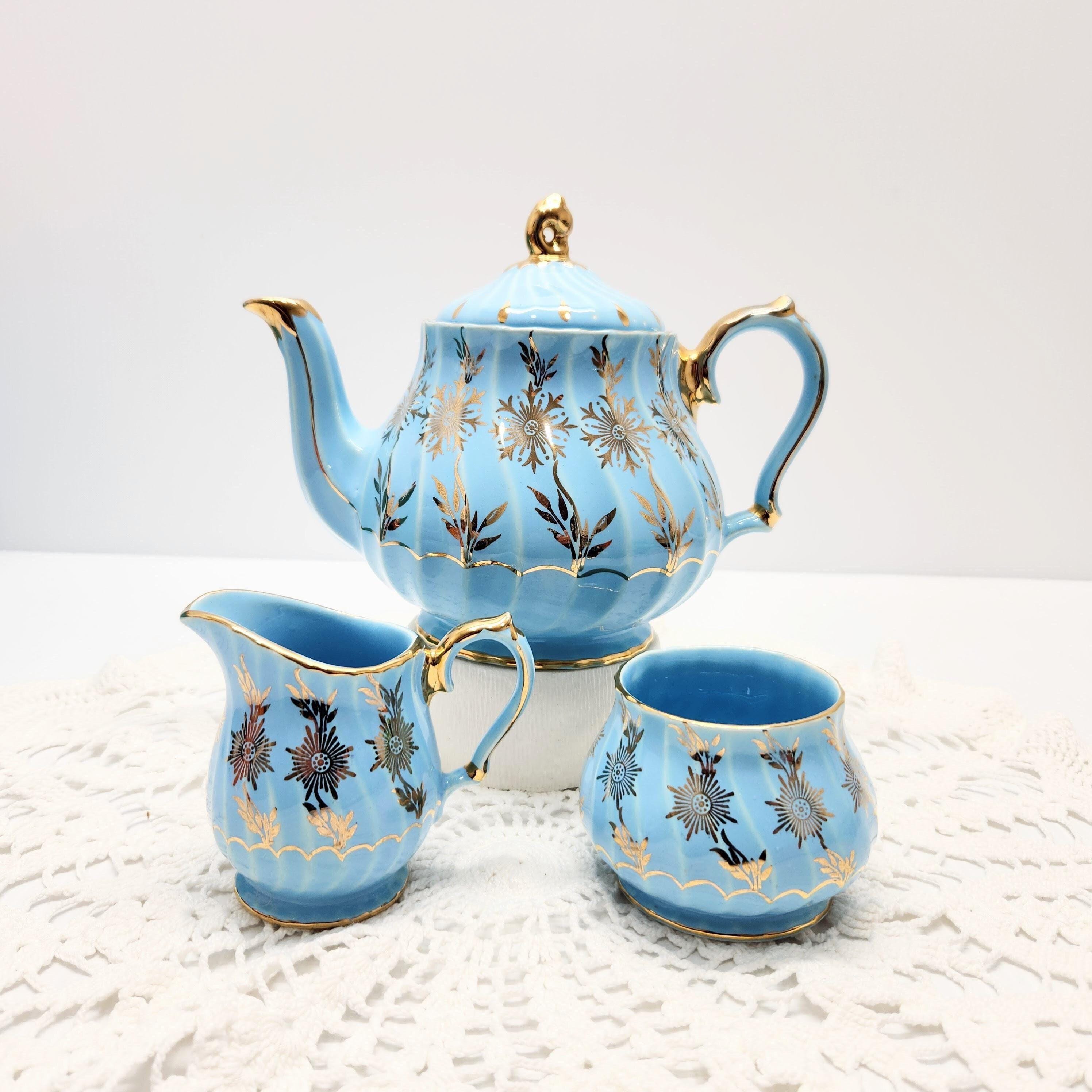 Vintage Blue Teapot Creamer Set Wedding Gift Tea Service Elegant