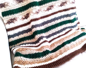 Emerald green, brown beige neutral afghan throw blanket, Vintage hand knit afghan throw blanket 56x54" sofa throw, bed throw, patio blanket