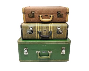 valises vintage, AU CHOIX, grande taille verte, bagage Acme Toronto, bande beige marron, bagage Langmuir Miralite, petit bagage Carson rouillé