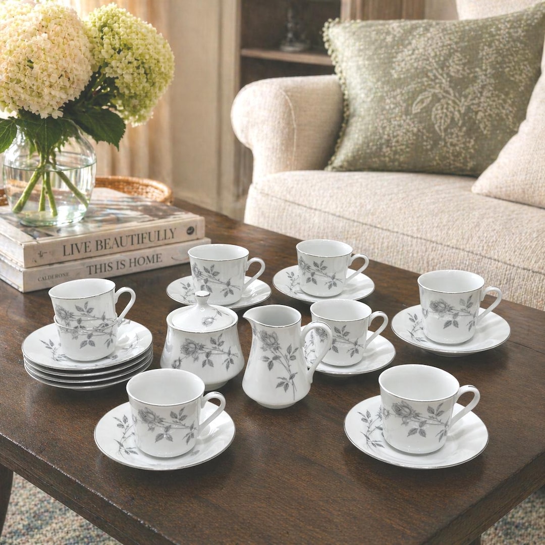 Regal Fine China Moonlight Rose Tea Set 8 Cups & Saucers With Creamer ...