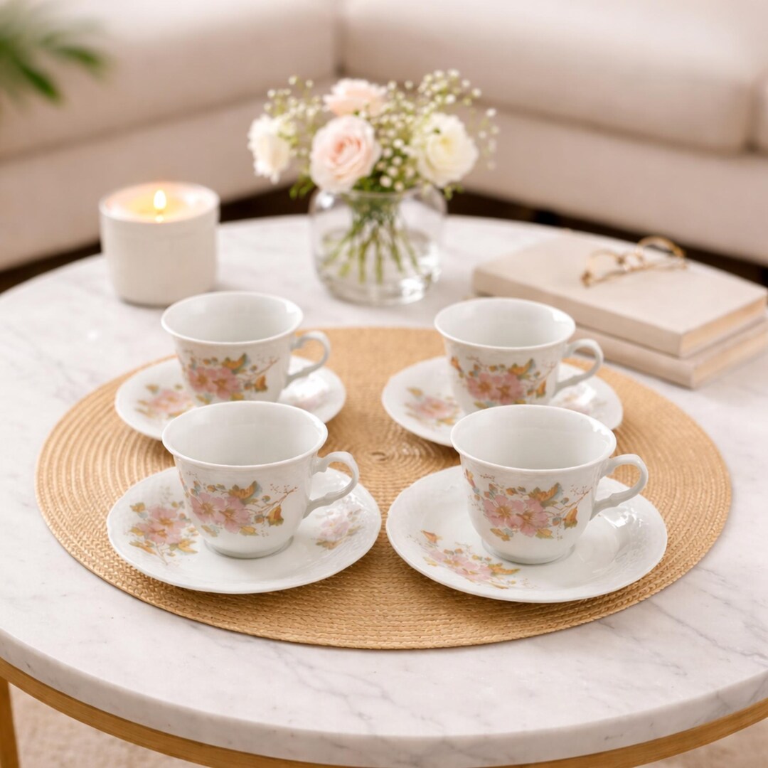 【新品】double W007 vintage set tee |ovy Vintage Teacup Set Pink Floral China Pattern Melody Bohemian Fine