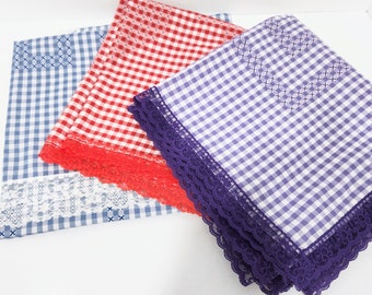 Square Tablecloths with crochet edging ready to cross stitch.  Retro tablecloth 42&quot; square.  Choose red, purple or blue cross stitching