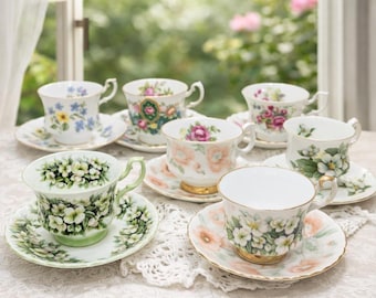 Vintage Tea Set of 4 Teacups and Saucers English Tea Party Floral Bone China Wedding Gift Shower Party Elegant Royal Albert Paragon Ansley