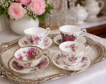 Vintage Pink Mismatched Bone China Teacups and Saucers Set of 4 Made in England, Floral English Teacups Tea Party Set Bridal Shower Gift
