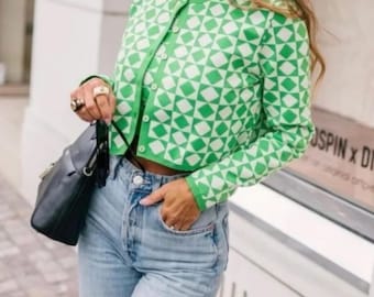 Vintage Lime Cream Cropped Cardigan Size Small Geometric Button Up Top Retro 90's Y2K Knit Sweater Green Cream Short Cardigan Cottagecore