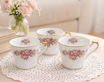 Paragon Elizabeth Rose Fine Bone China 3 Mugs Made in England Royal Warrant China Potters Pink Rose Garland Vintage English Tea Set