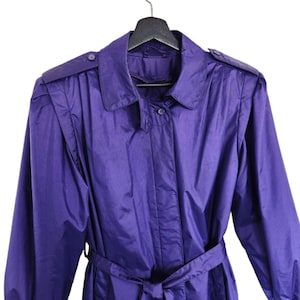 70s Vintage Purple Downpour Coat  Midi Raincoat Size 7/8 Lined Trench Coat Removable Lining Belt, Shoulder Pads, Purple Trench Coat fits big