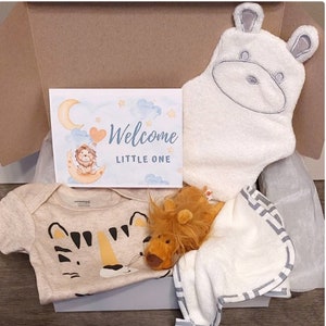 Panier cadeau pour bébé | Panier cadeau pour nouvelle maman | Cadeau pour bébé sans distinction de sexe | Cadeau baby shower Lion pour garçon | Cadeau pour bébé de 3 à 6 mois, serviette à capuche