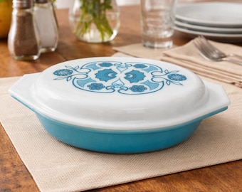 Vtg Pyrex Horizon Blue Apollo 11 Divided Casserole Dish 1.5 Qt USA Mid Century Blue White Lidded Serving Dish Space Age Pyrex Collectible