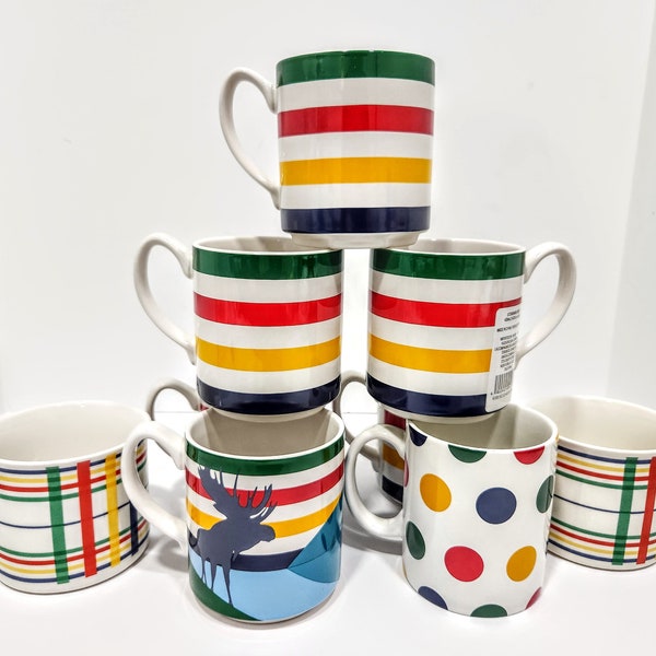 Hudson Bay Company mugs, HBC striped mug, polka dot mug, plaid mug or Moose mug, sold individually