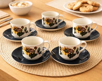 Vintage Teacup Set English Ironstone Tea Cup Sunflower Design Floral Saucer Staffordshire England Retro Carolina Ridgway Collection Wedding