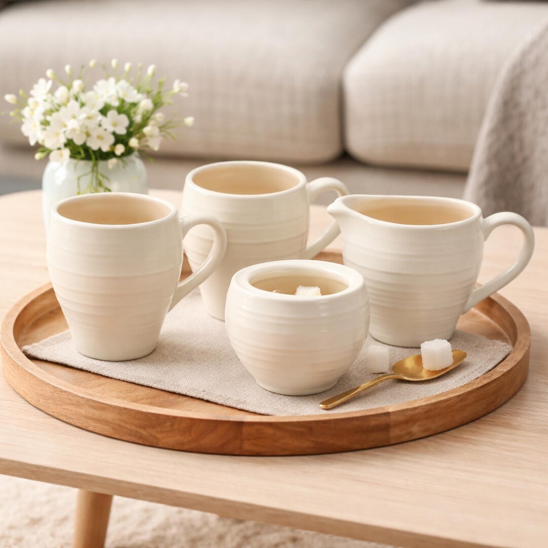 ルネッサンスホワイトmikasa逆輸入食器セット（皿、カップ、ソーサー） Mikasa Swirl White Mugs Coffee Set Cream Jug Sugar Bowl DJ100