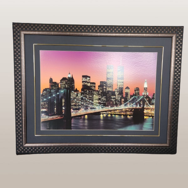 Vintage Large Framed Picture Art New York City, Brooklyn Bridge and Twin Towers, Large Black wall hanging 45" x 36"