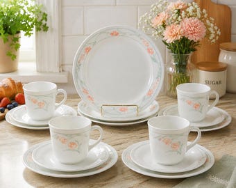 Vintage Corelle Peach Garland Dinnerware Set for 4 – 16 Piece Set Dinner and Lunch Plates, Cups and Saucers  Corning USA, discontinued