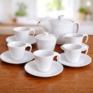 Service à thé blanc complet en porcelaine, théière Bowring, cadeau de mariage, service fête des mères, collection élégante, design moderne, salle à manger esthétique minimaliste