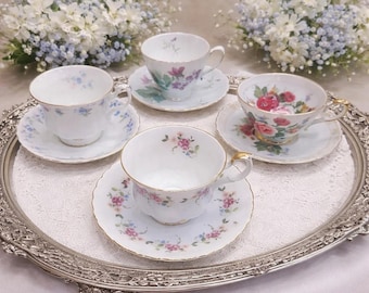 Vintage Blue and Pink Mismatched Bone China Teacups and Saucers Set of 4 Made in England, Floral English Tea Party Set Bridal Shower Gift