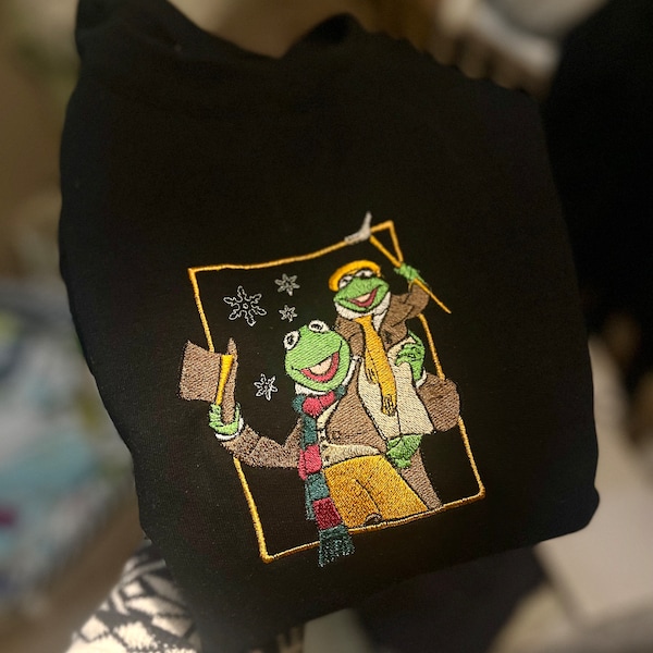 Christmas Jumper - Puppets Christmas Carol - Tiny Tim - Kermit -  Christmas Sweater - Embroidered - Unisex - Handmade