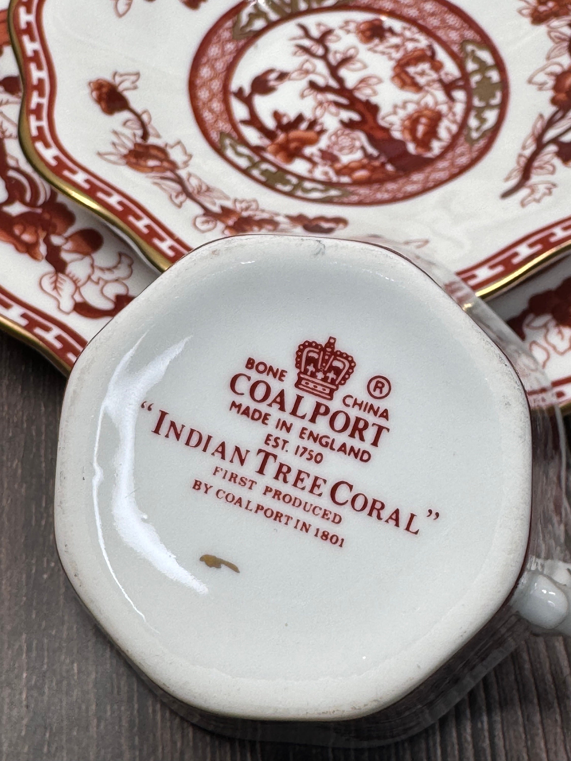 Rare Vintage Coalport Indische Tree Coral Trio Set Cup and Rare Vintage Coalport Indische Tree Coral Trio Set Cup and