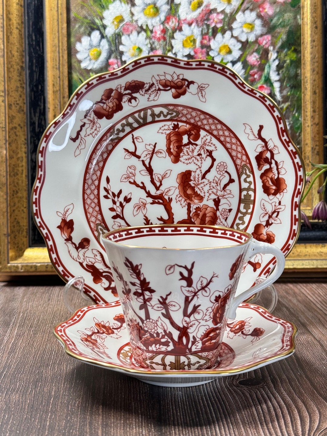 Rare Vintage Coalport Indische Tree Coral Trio Set Cup and Rare Vintage Coalport Indische Tree Coral Trio Set Cup and