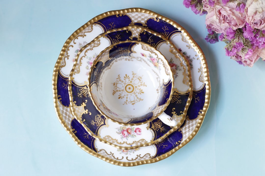 Antique Coalport Batwing Cobalt Blue Bone China Trio Cup and