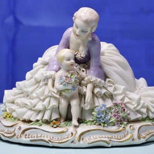 Luigi Fabris Italian Capodimonte Figurine Porcelain Lace Mother and A boy.