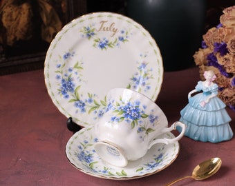 Royal Albert Fleur du mois de juillet Forget Me Not Teaset trio tasse et soucoupe porcelaine anglaise