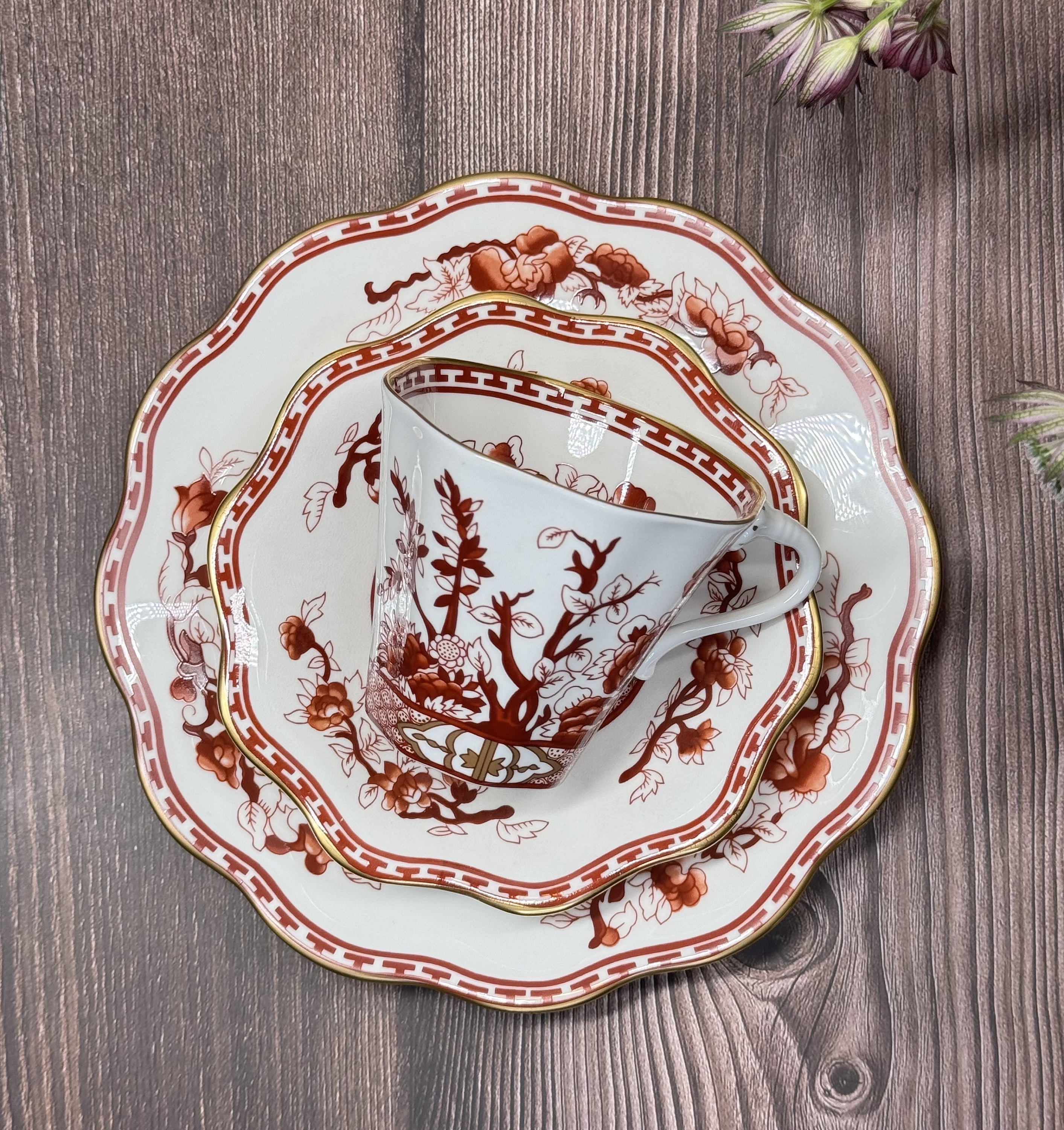 Rare Vintage Coalport Indische Tree Coral Trio Set Cup and Rare Vintage Coalport Indische Tree Coral Trio Set Cup and
