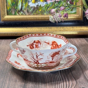 Rara ciotola e piattino per zuppa di crema di corallo vintage Coalport Indische Tree.