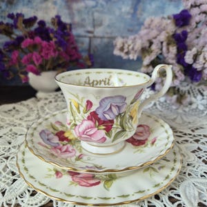 Royal Albert Flower of the month April Sweet Pea Teaset tea cup and saucer English porcelain