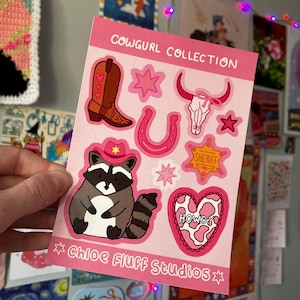 Cowgurl Stickerbogen, A6 Stickerbogen, Illustration, cute, pink, Cowboy, Geschenk, Kunst, Aufkleber, Laptop, Handy, Wasserflasche, Waschbär