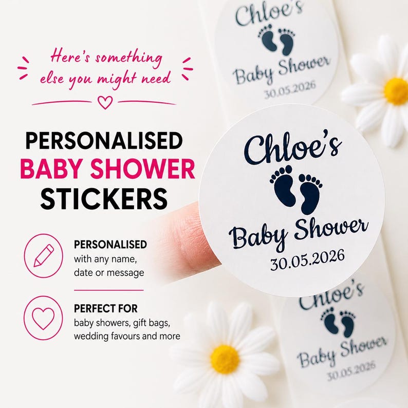 May include: White personalized baby shower stickers with dark blue text. The stickers feature baby footprints and the text "Chloe's Baby Shower 30.05.2026". The image also includes text that says "Personalised Baby Shower Stickers".