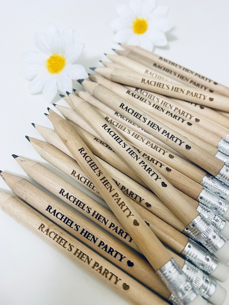 Personalised Hen Party Wooden Pencils With White Rubber Laser Engraved. Wedding favours, Hen Party Ideas and gifts image 3